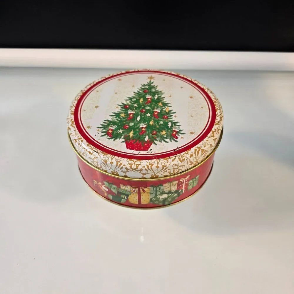 Christmas Holiday Round Cookie Candy Tin Empty Gift Box